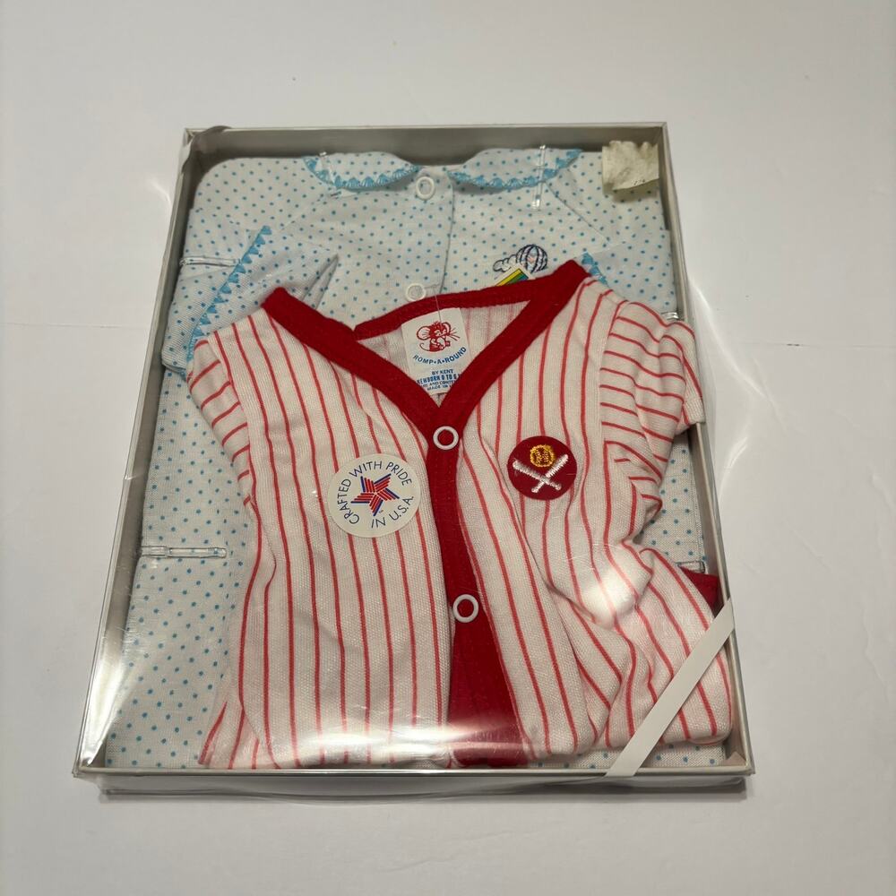 Vintage Romp A Round Baby Set Boxed Red Stripe Blue Polka NOS USA